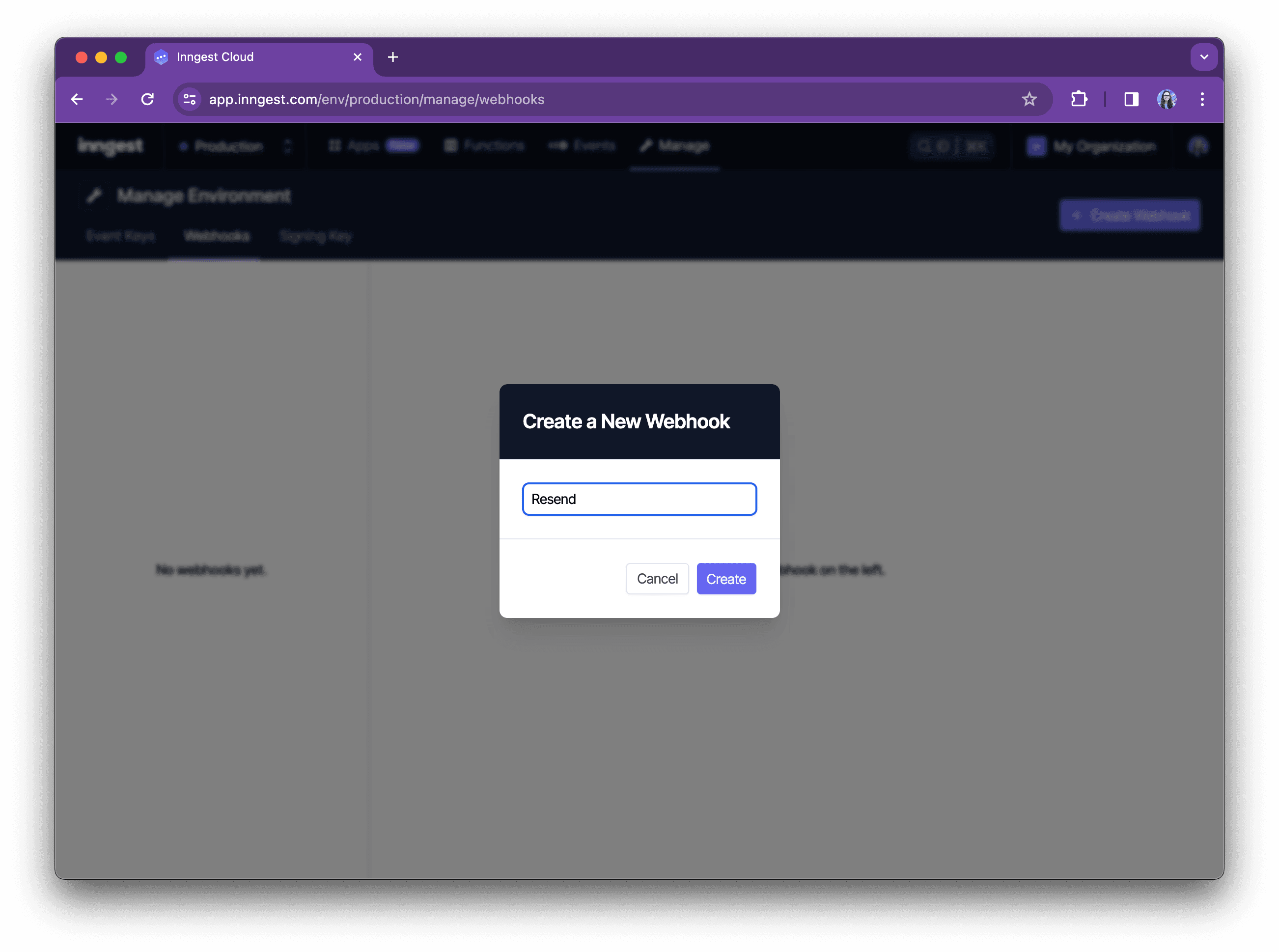 Modal window with instruction: "Create a New Webhook". "Resend" is chosen as a name for the new webhook.