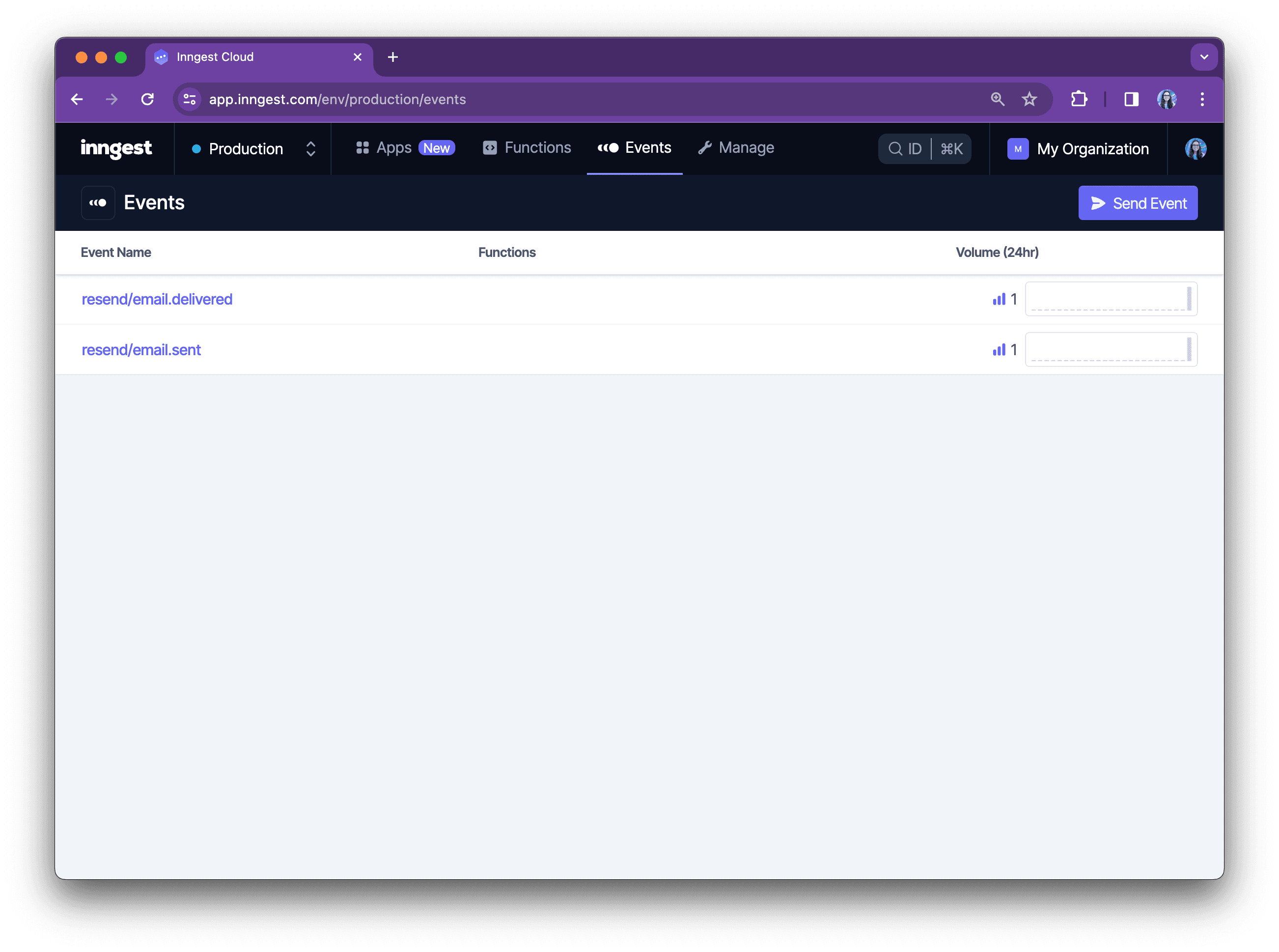 Events tab in Inngest Cloud featuring two events from Resend